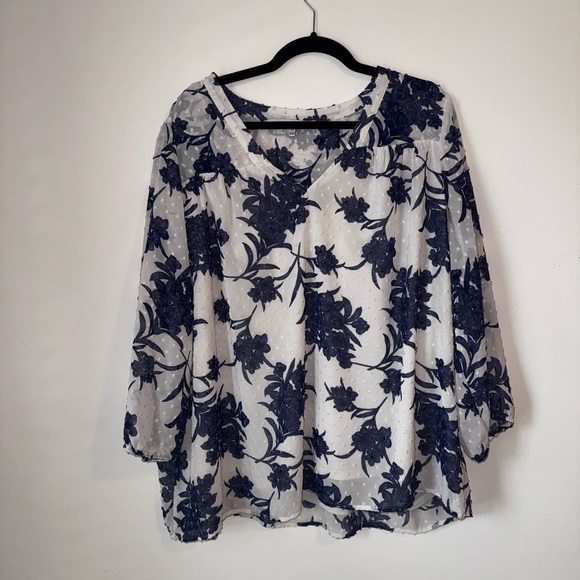 Tops - Floral Blouse - Blue and White